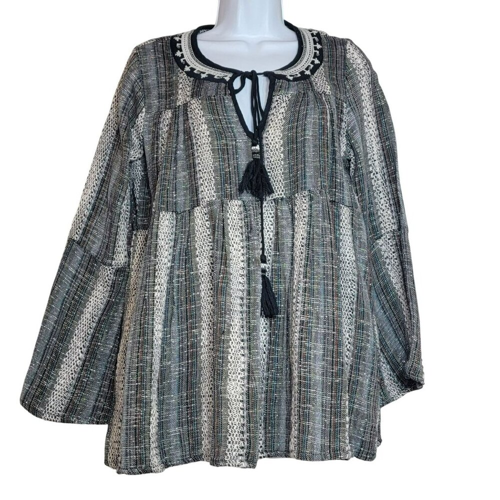 Altered State Baby Doll Top, Women L, Gray & White w/Metalic Thread,  EUC